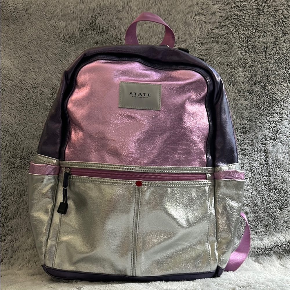 STATE  Kane mini kids Pink and Silver Metallic Backpack